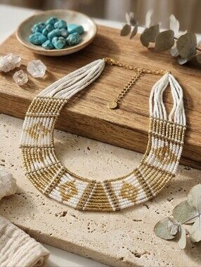 Mediterranean Greek Goddess Indian Artisan White Gold Beaded Collar Necklace 18"